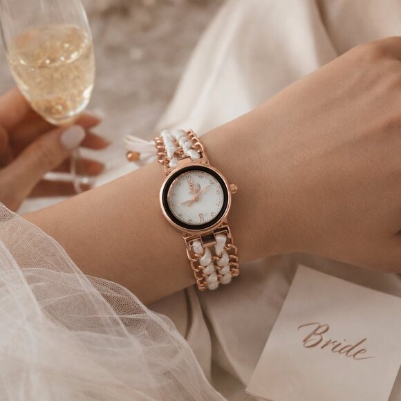 White & Rose Gold Braided Watch | Bridal Bracelet Style | Bachelorette Ready